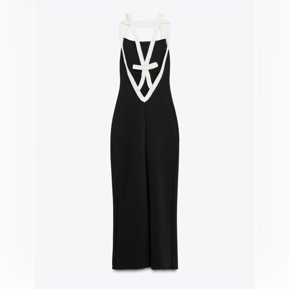 NWT Zara Stretch Contrast Elegant Black Dress w/ Bow Detail Size Medium - Picture 5 of 7